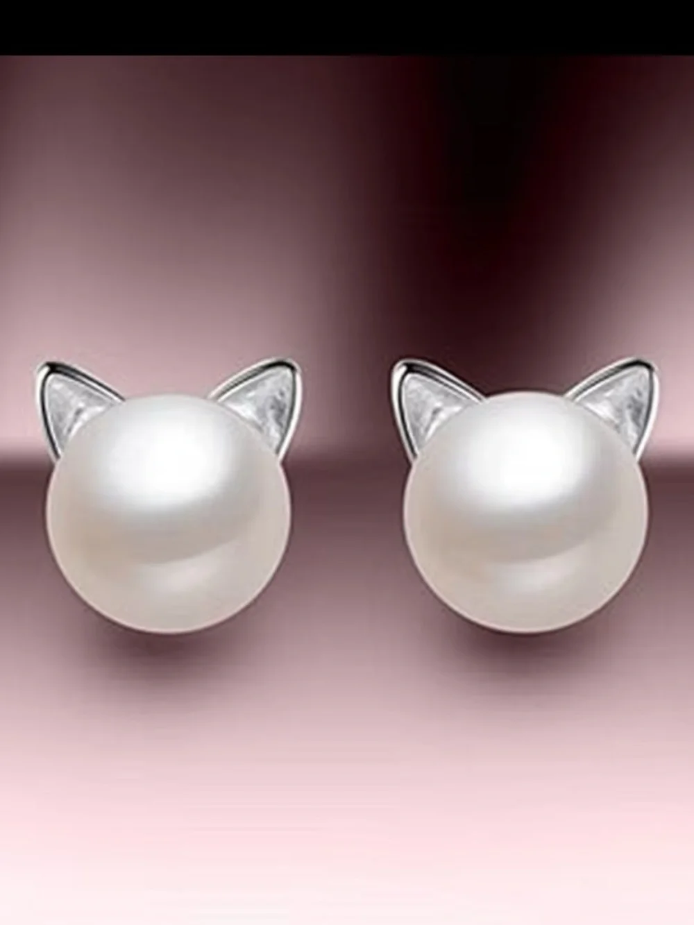 Pearl NIP Cat Ear Stud Earrings - White & Silver